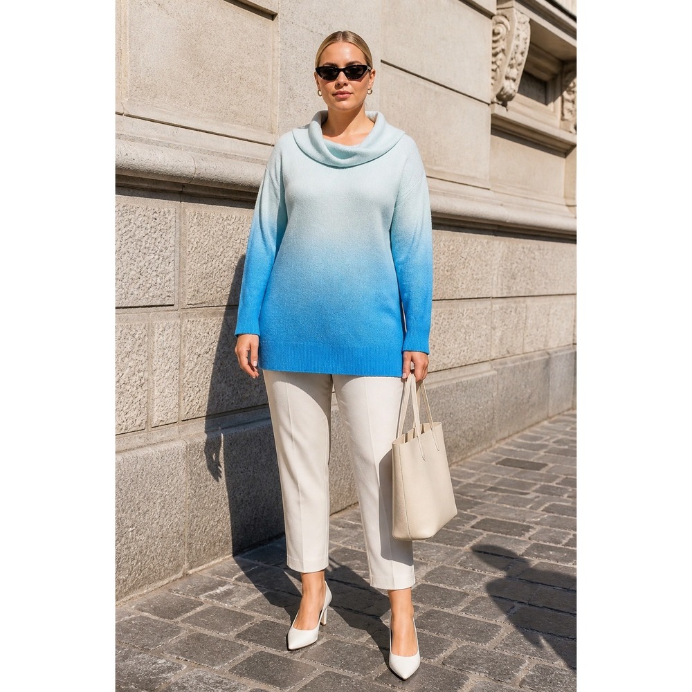 Christopher‎ & Banks Blue Ombre Cowl Neck Sweater Womens XL Turquoise Tunic Knit